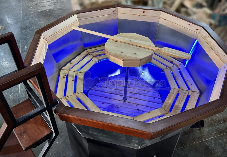 Банный чан из нержавеющей стали Ø-2350 на подставке с ветрозащитой и печью СТ3